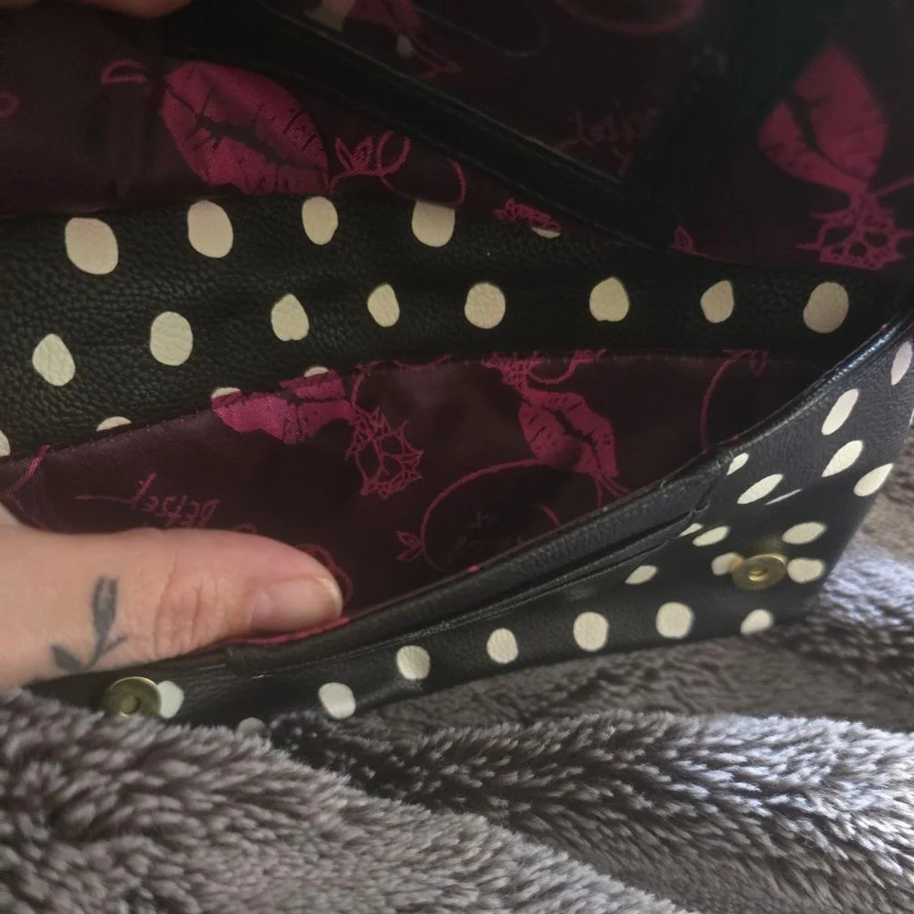 Rare Betsey Johnson Y2K Crossbody Bag Black White Striped Polka Dot Chain Bow